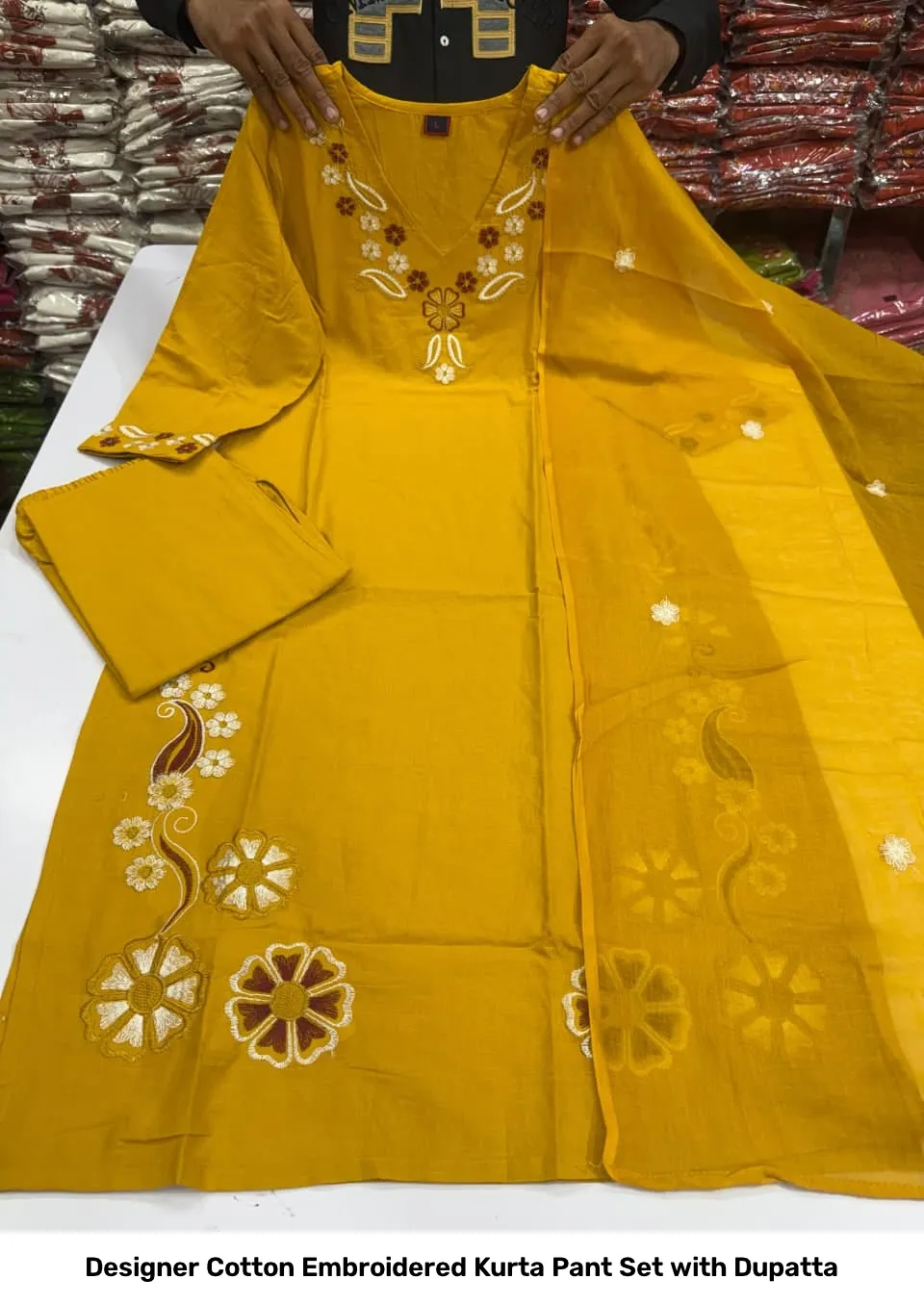 Designer Cotton Embroidered Kurta Pant Set with Dupatta 14