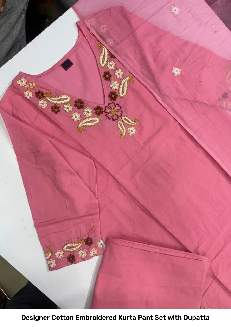 Designer Cotton Embroidered Kurta Pant Set with Dupatta 15