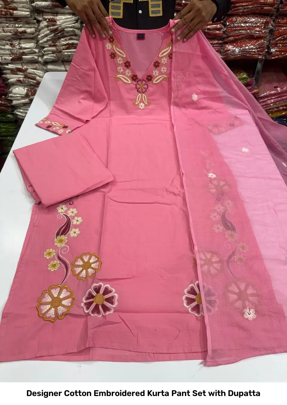 Designer Cotton Embroidered Kurta Pant Set with Dupatta 3