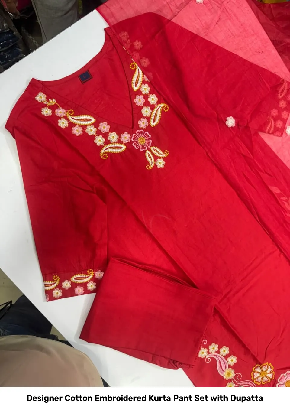 Designer Cotton Embroidered Kurta Pant Set with Dupatta 4