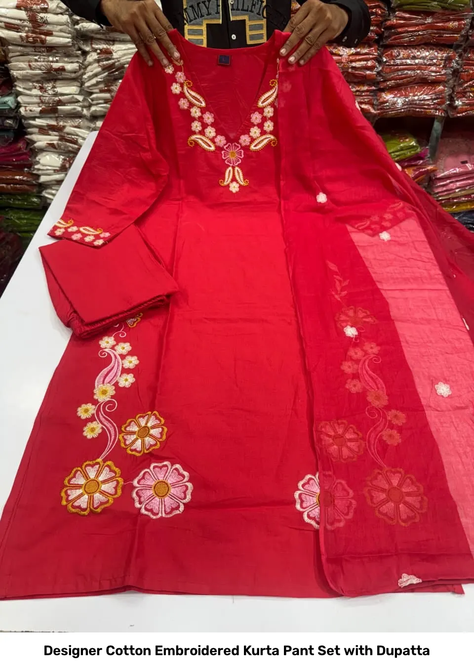 Designer Cotton Embroidered Kurta Pant Set with Dupatta 5
