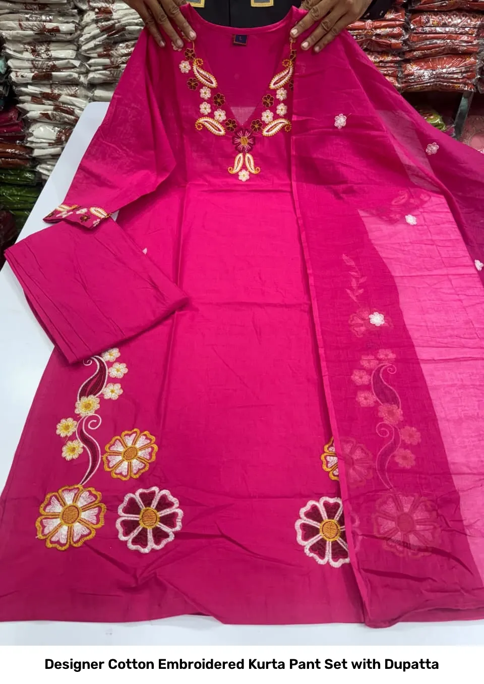 Designer Cotton Embroidered Kurta Pant Set with Dupatta 6