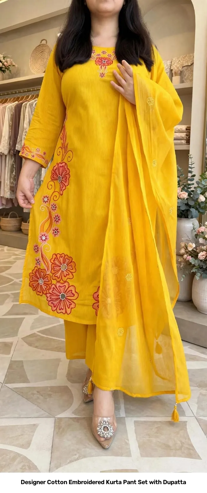 Designer Cotton Embroidered Kurta Pant Set with Dupatta 7