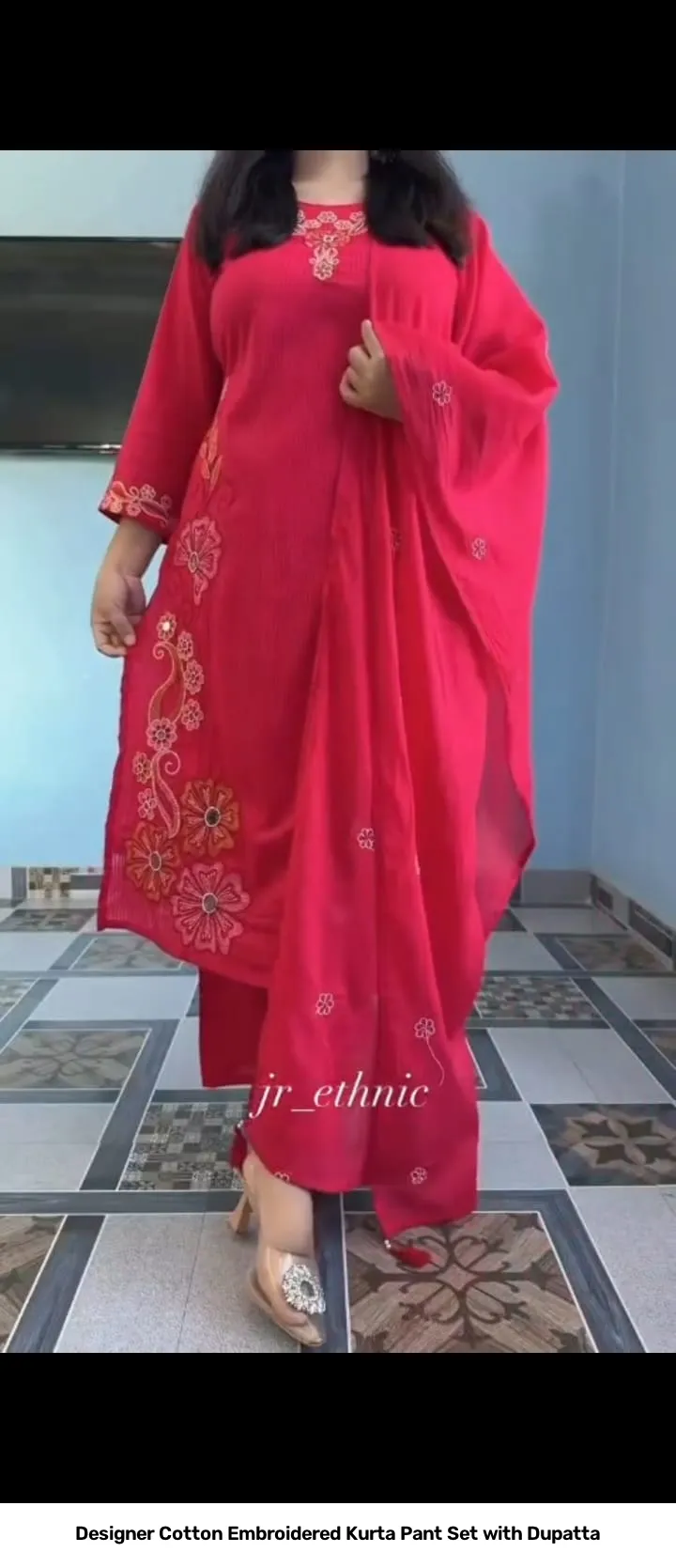 Designer Cotton Embroidered Kurta Pant Set with Dupatta 8