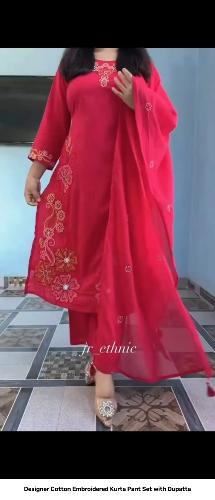 Designer Cotton Embroidered Kurta Pant Set with Dupatta 9