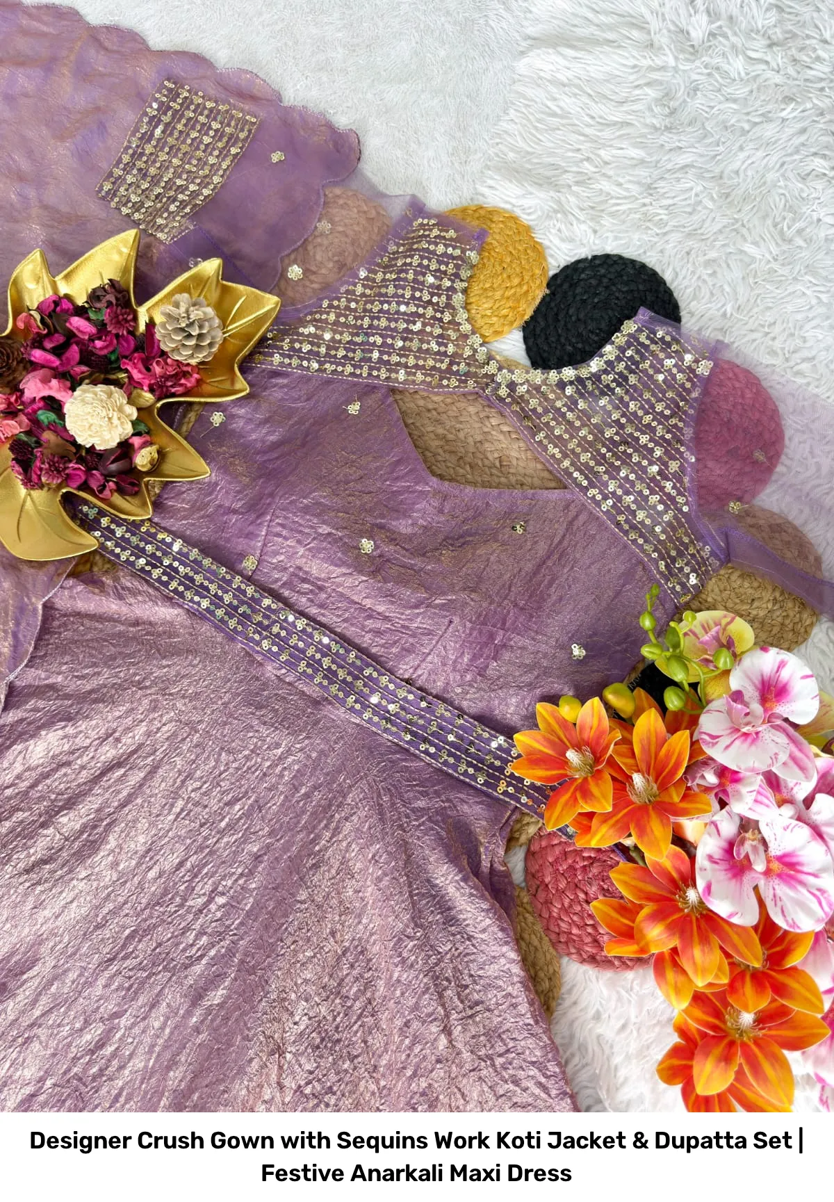 Designer Crush Gown with Sequins Work Koti Jacket & Dupatta Set | Festive Anarkali Maxi Dress 10