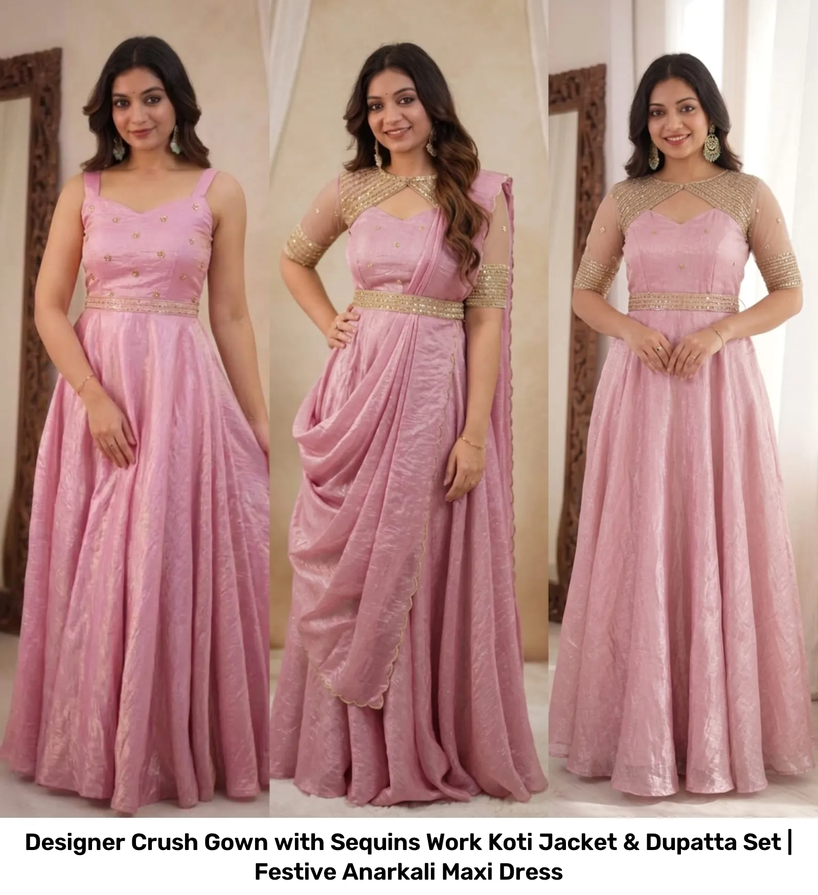 Designer Crush Gown with Sequins Work Koti Jacket & Dupatta Set | Festive Anarkali Maxi Dress 2