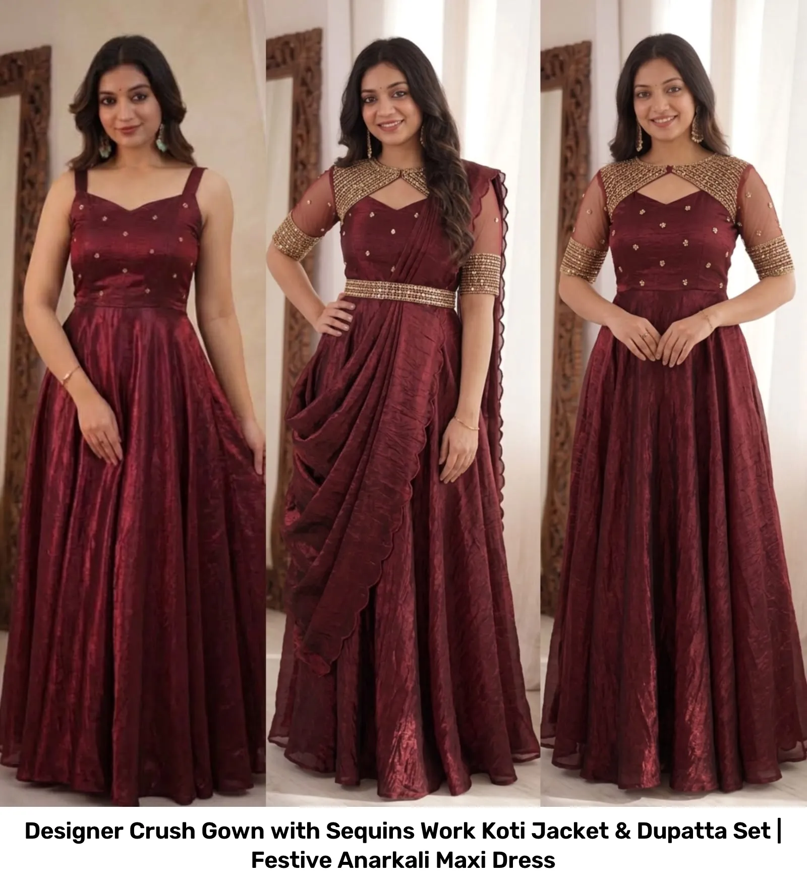 Designer Crush Gown with Sequins Work Koti Jacket & Dupatta Set | Festive Anarkali Maxi Dress 3