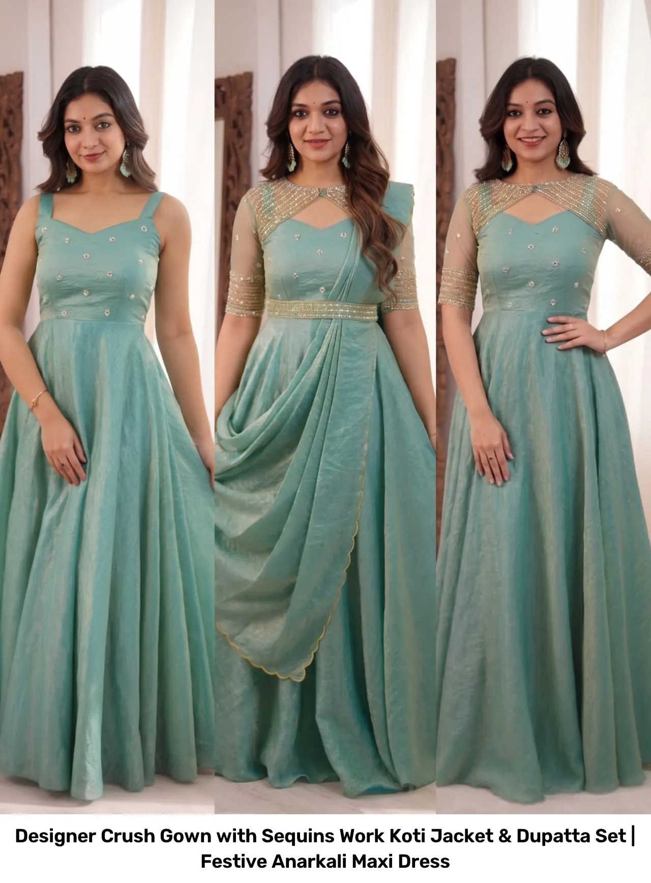 Designer Crush Gown with Sequins Work Koti Jacket & Dupatta Set | Festive Anarkali Maxi Dress 4