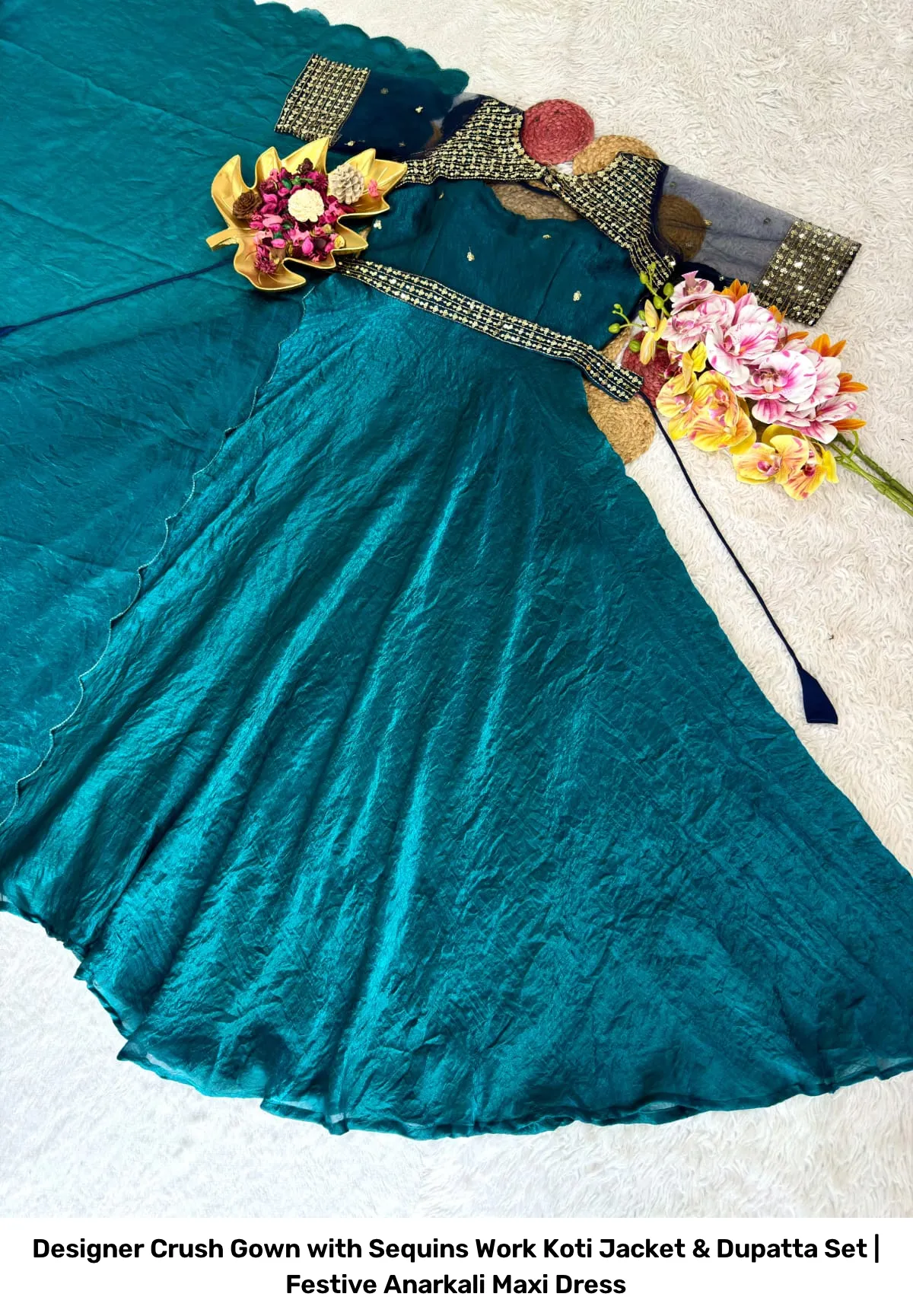 Designer Crush Gown with Sequins Work Koti Jacket & Dupatta Set | Festive Anarkali Maxi Dress 5