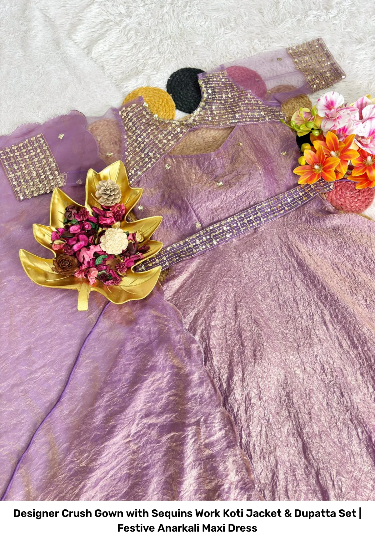 Designer Crush Gown with Sequins Work Koti Jacket & Dupatta Set | Festive Anarkali Maxi Dress 6
