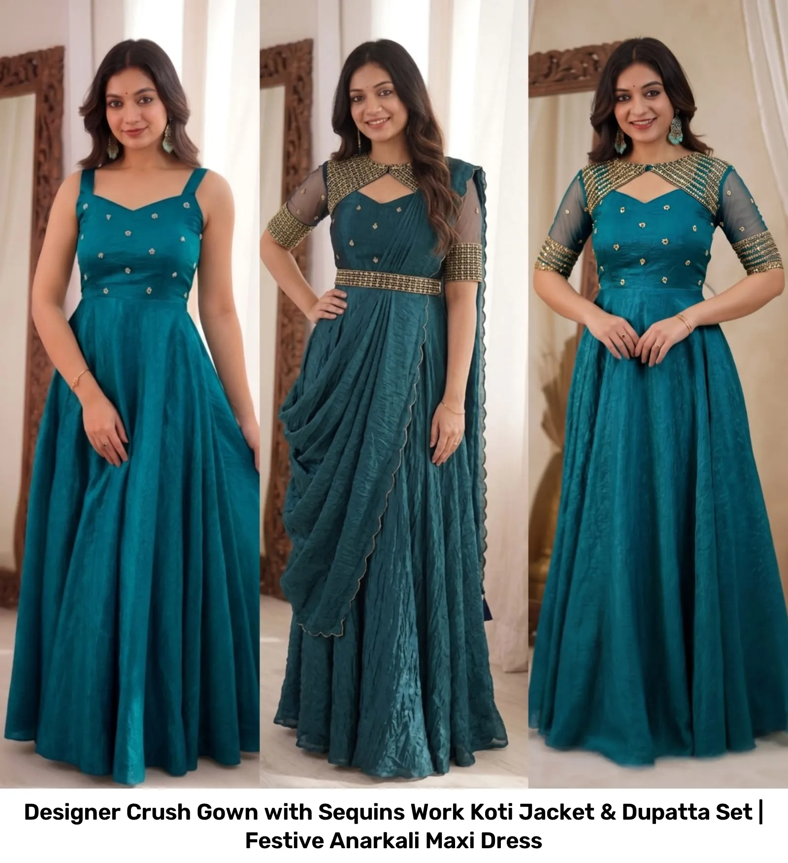 Designer Crush Gown with Sequins Work Koti Jacket & Dupatta Set | Festive Anarkali Maxi Dress 7