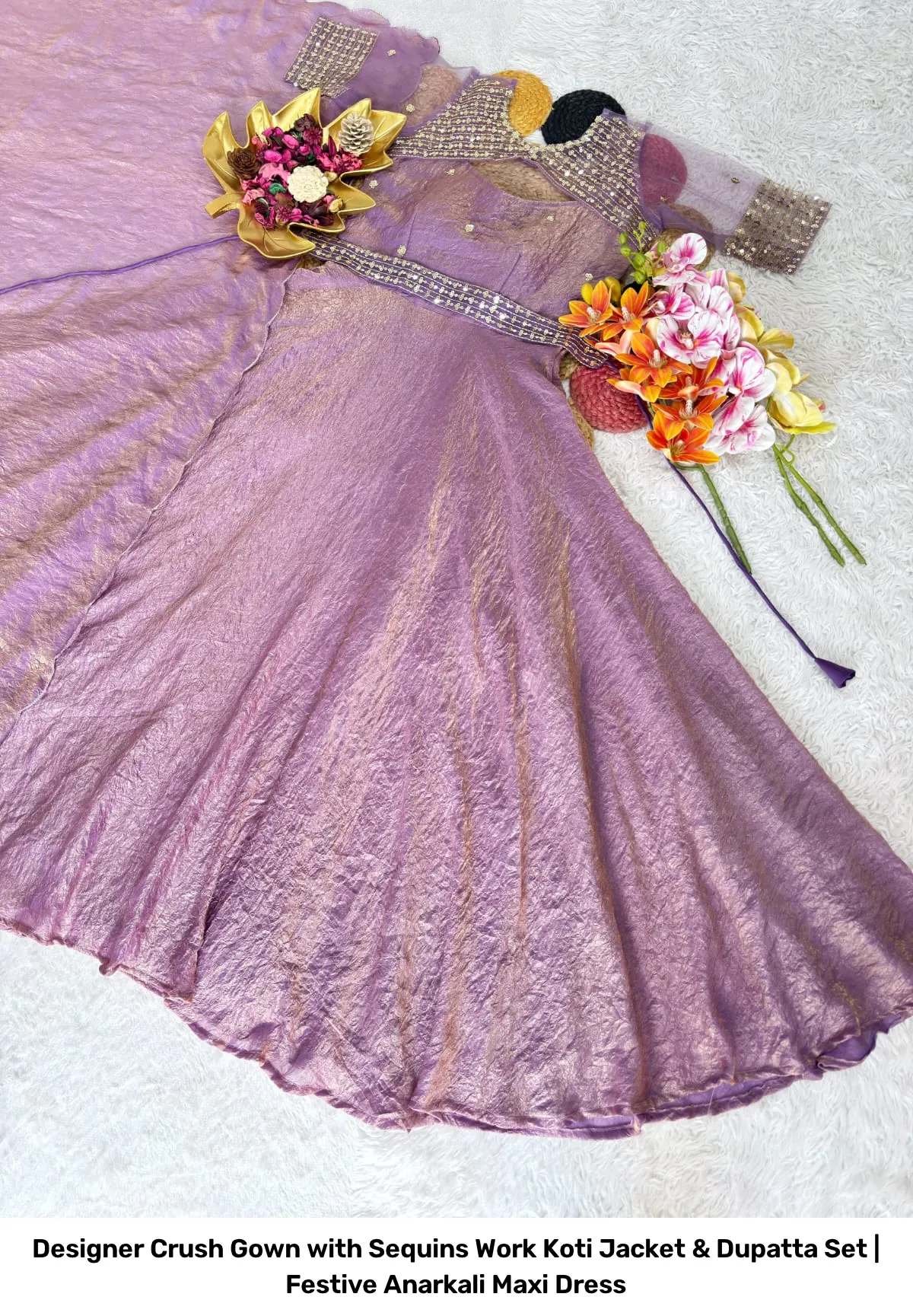 Designer Crush Gown with Sequins Work Koti Jacket & Dupatta Set | Festive Anarkali Maxi Dress 9