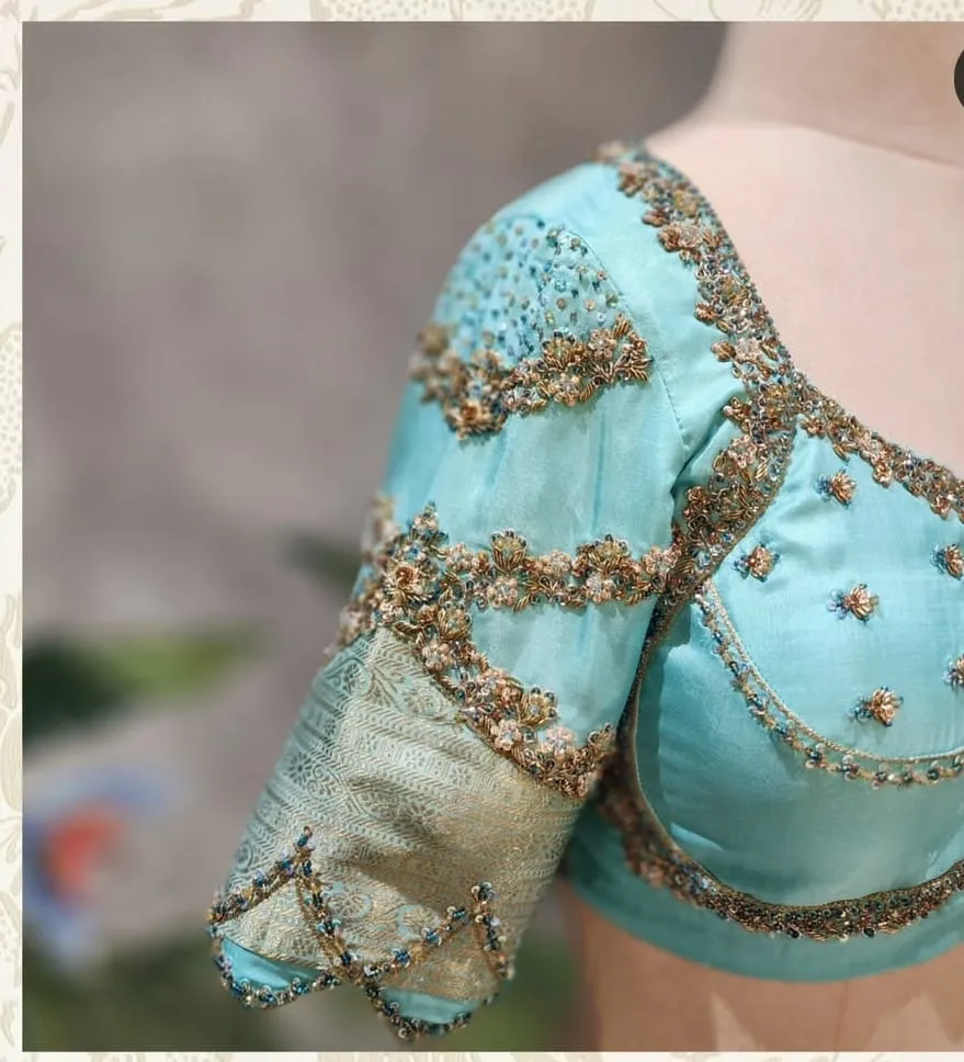 Designer Maggam Work Bridal Sky Blue Silk Blouse