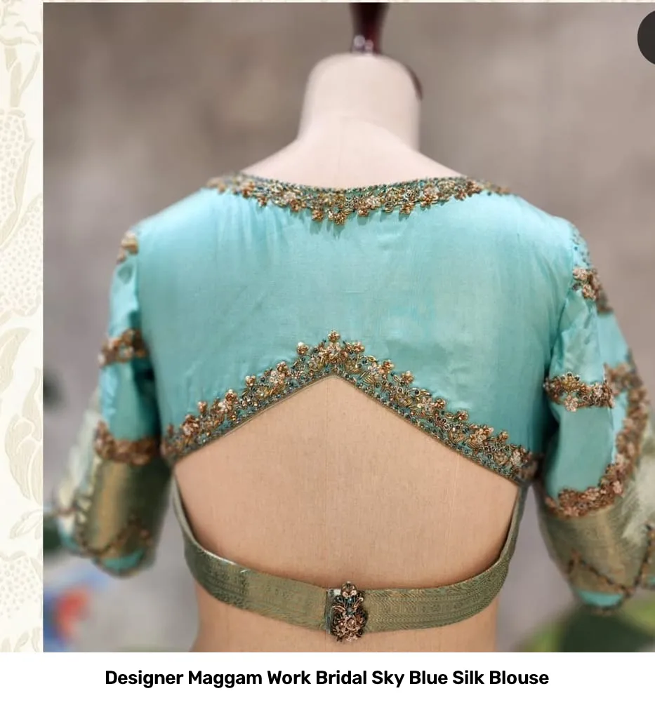 Designer Maggam Work Bridal Sky Blue Silk Blouse 2
