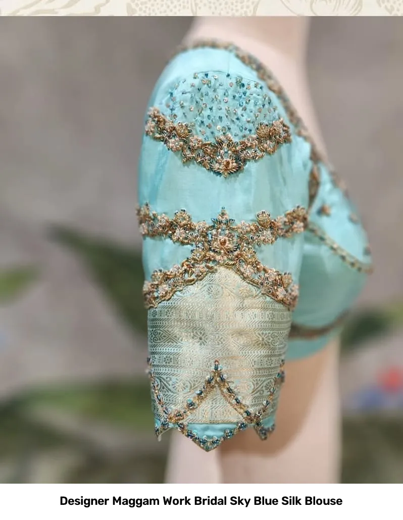 Designer Maggam Work Bridal Sky Blue Silk Blouse 3