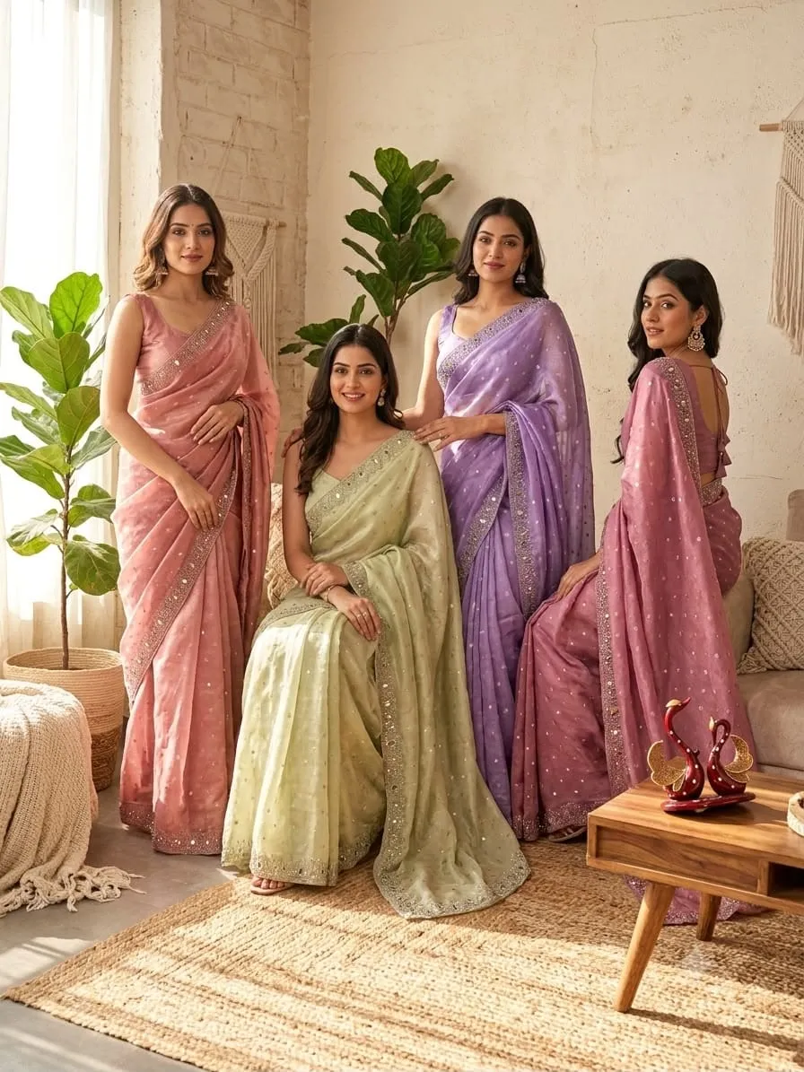 Designer Moss Butti Mirror Work Saree with Diamond Work Blouse