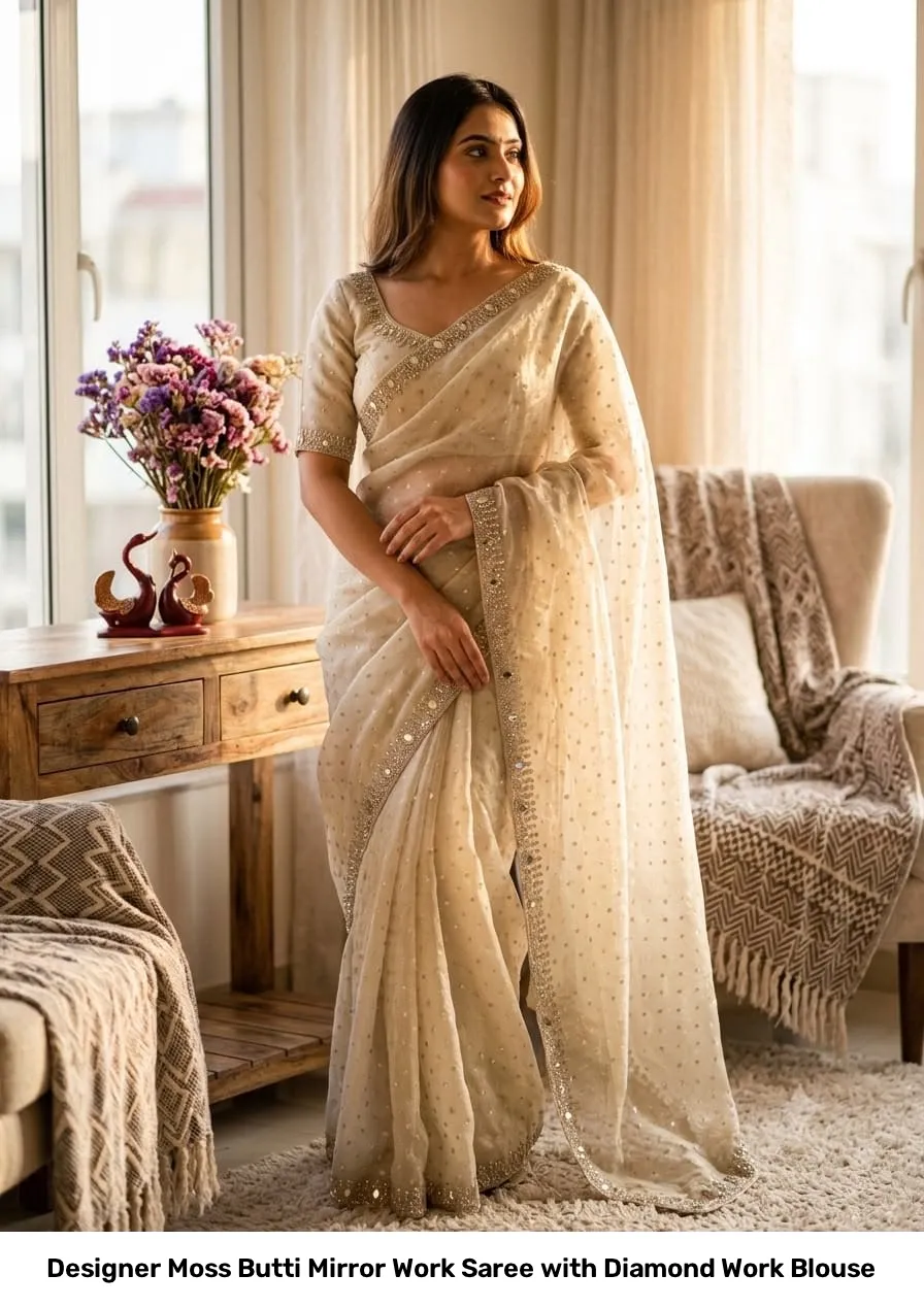 Designer Moss Butti Mirror Work Saree with Diamond Work Blouse 11