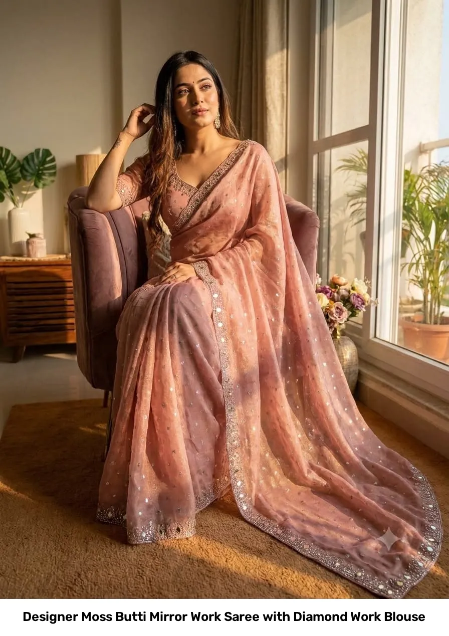 Designer Moss Butti Mirror Work Saree with Diamond Work Blouse 12