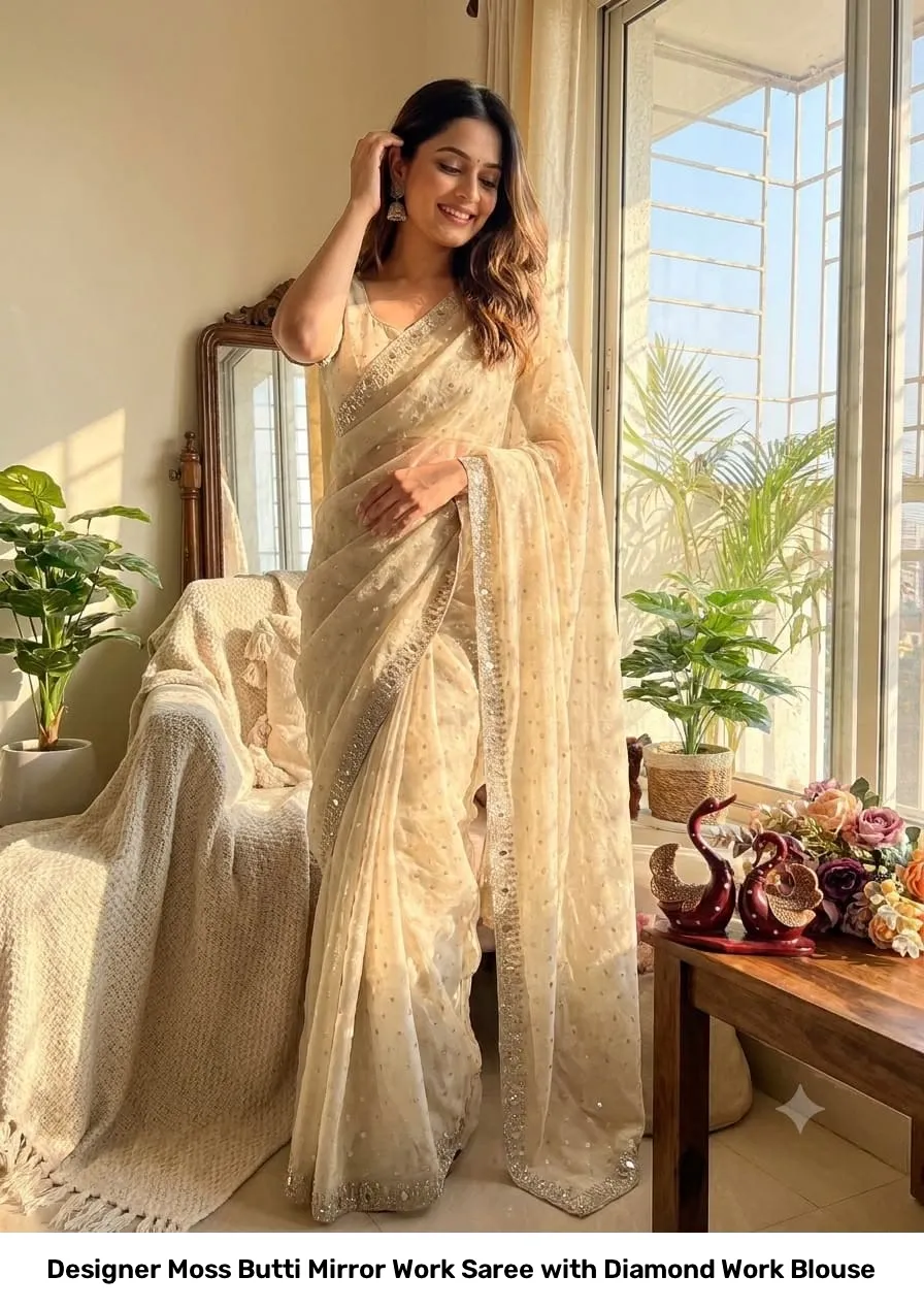 Designer Moss Butti Mirror Work Saree with Diamond Work Blouse 13