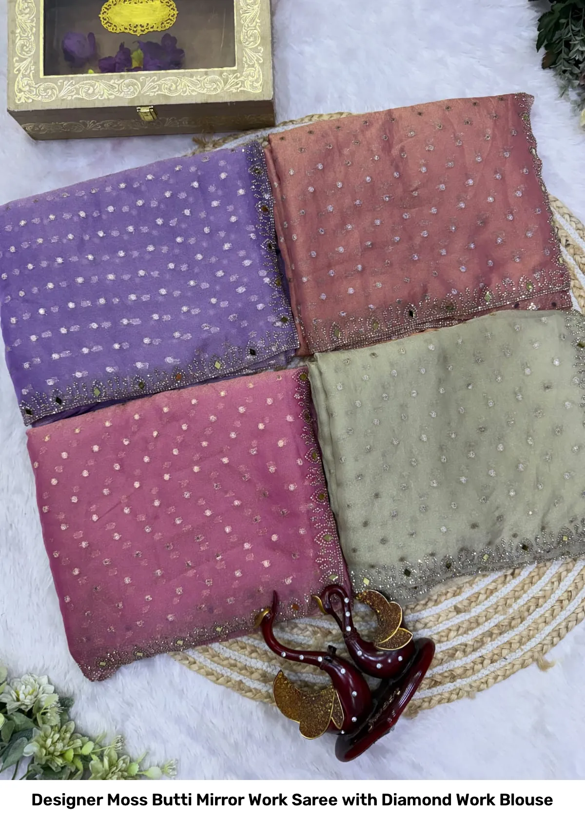 Designer Moss Butti Mirror Work Saree with Diamond Work Blouse 14
