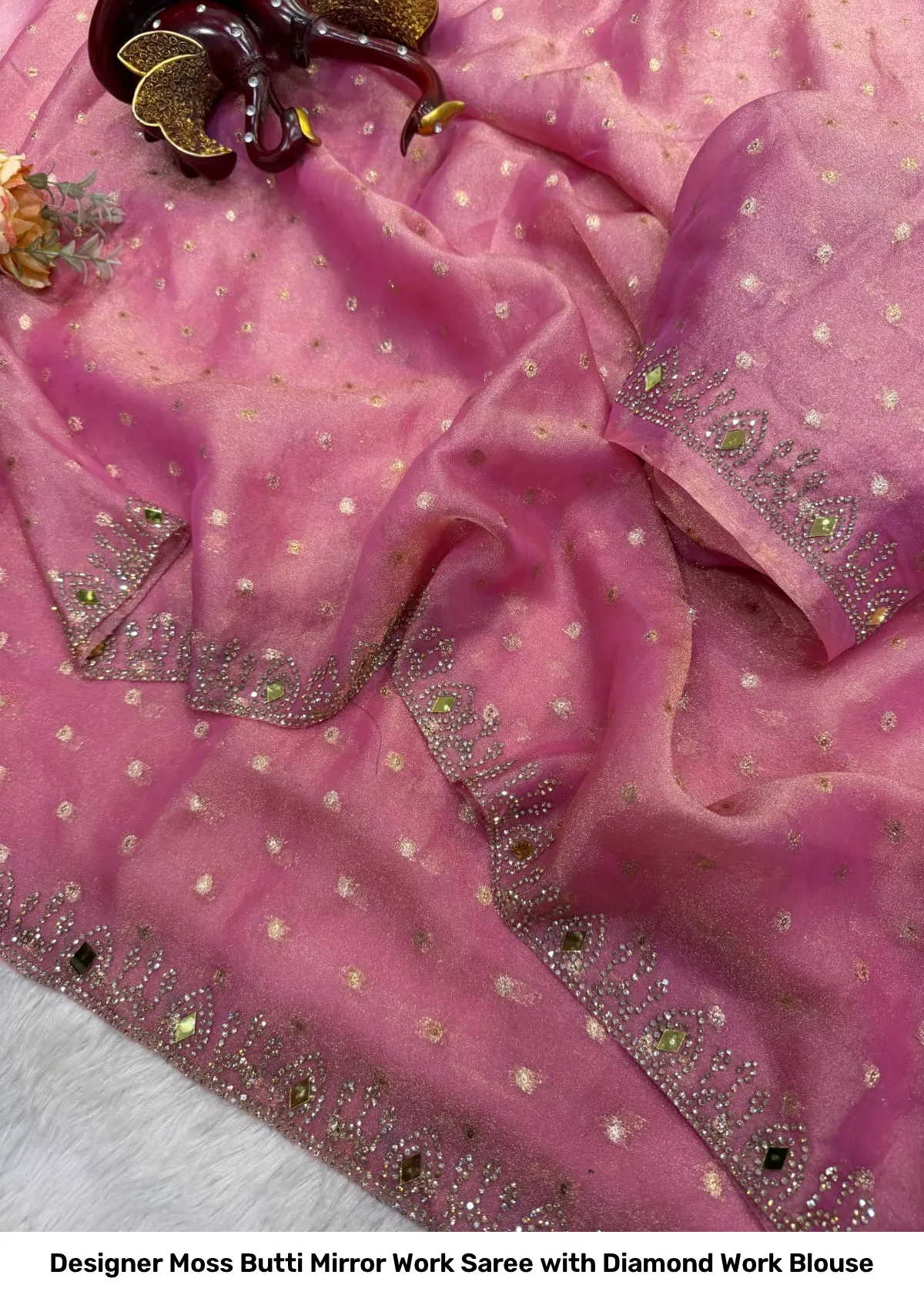 Designer Moss Butti Mirror Work Saree with Diamond Work Blouse 15