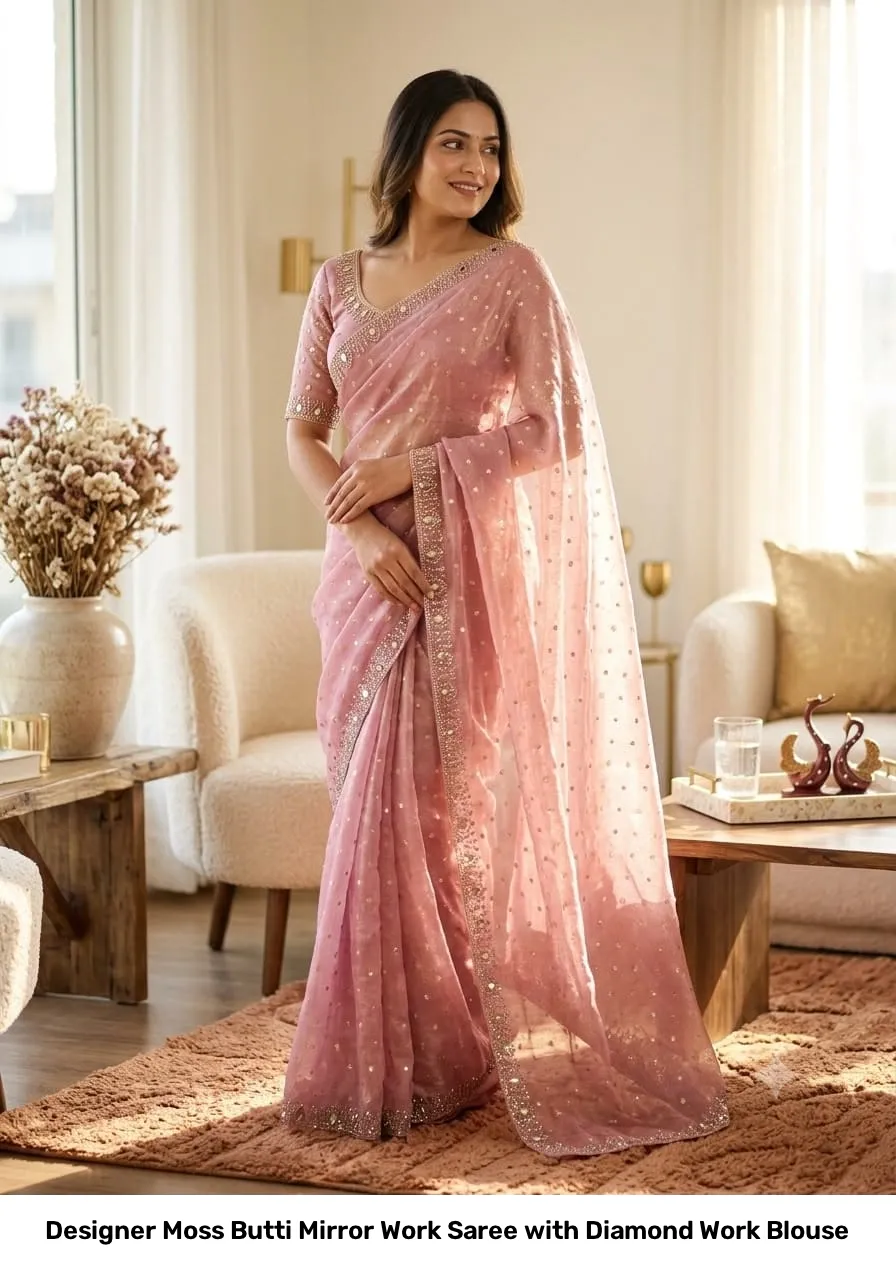 Designer Moss Butti Mirror Work Saree with Diamond Work Blouse 18
