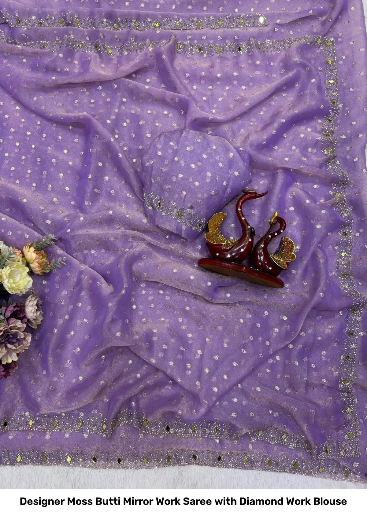 Designer Moss Butti Mirror Work Saree with Diamond Work Blouse 2