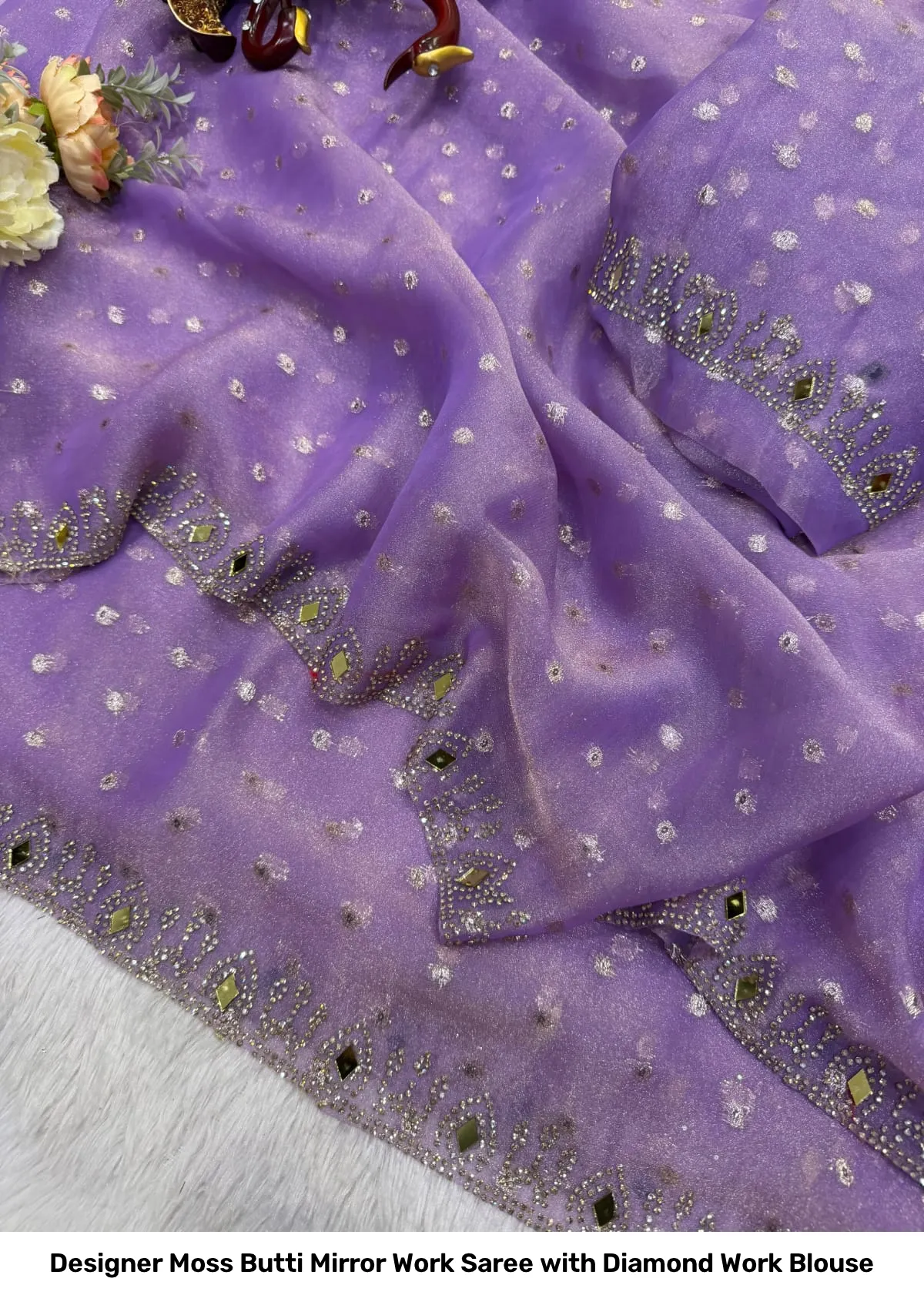 Designer Moss Butti Mirror Work Saree with Diamond Work Blouse 3
