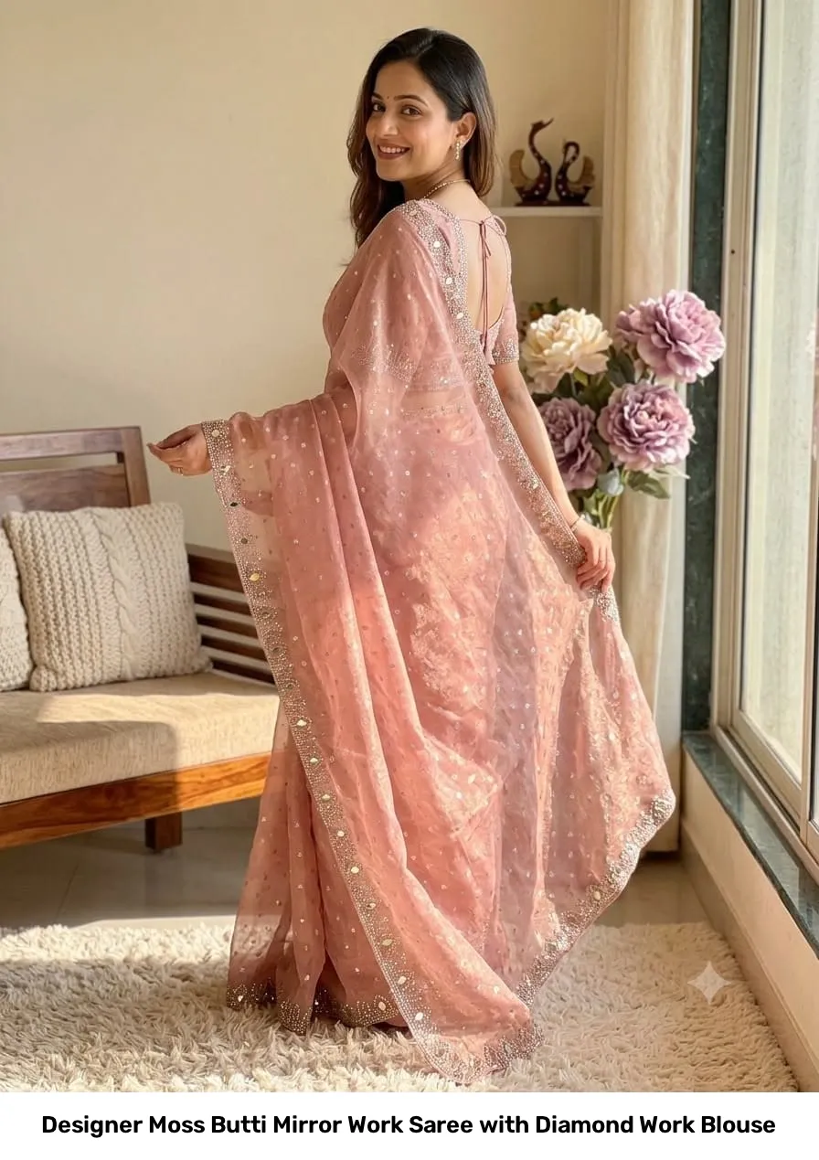 Designer Moss Butti Mirror Work Saree with Diamond Work Blouse 4
