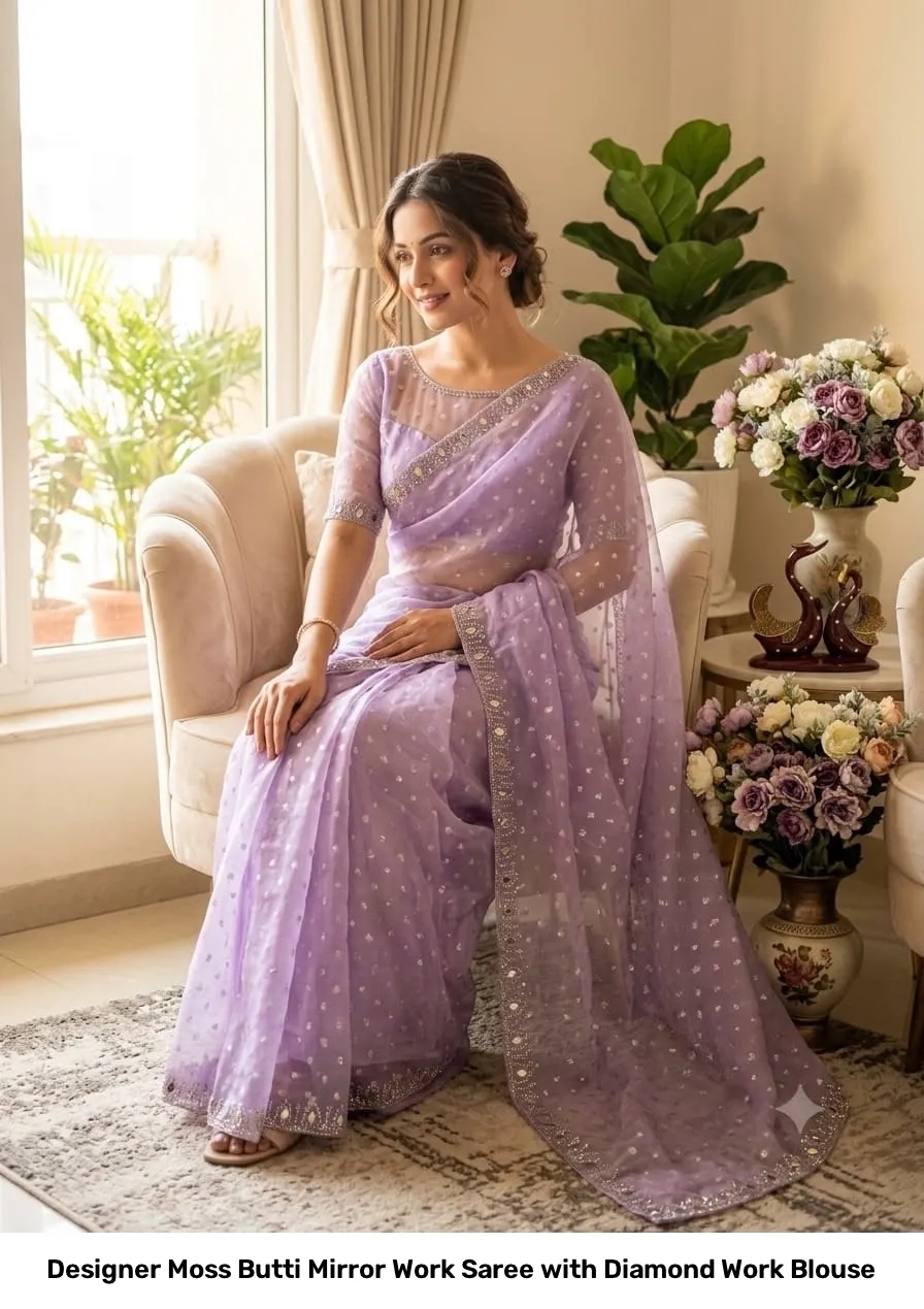 Designer Moss Butti Mirror Work Saree with Diamond Work Blouse 9