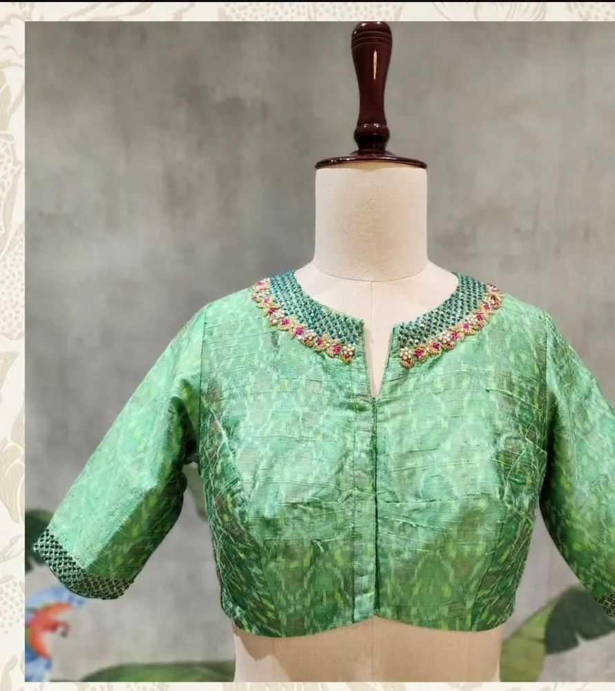 Designer Neck Embroidered Green Ikat Silk Blouse