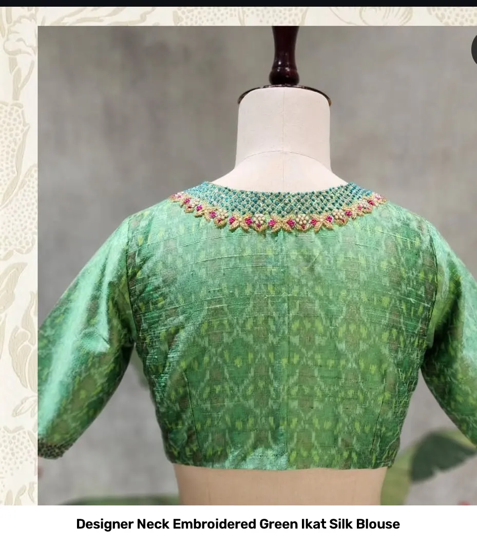 Designer Neck Embroidered Green Ikat Silk Blouse 2
