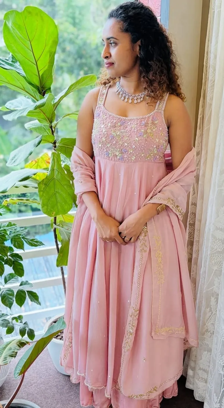 Designer Pink Embroidered Long Frock