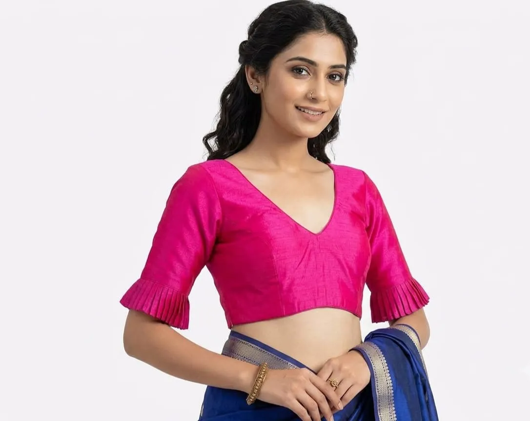 Designer Pleated Bell Sleeve Raw Silk Saree Blouse | Padded V-Neck Readymade Crop Top Choli
