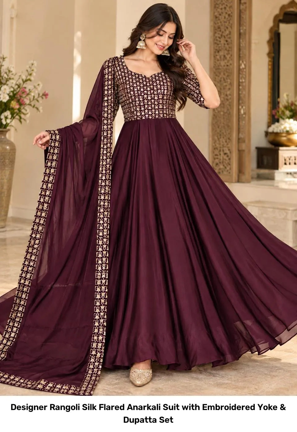 Designer Rangoli Silk Flared Anarkali Suit with Embroidered Yoke & Dupatta Set 2