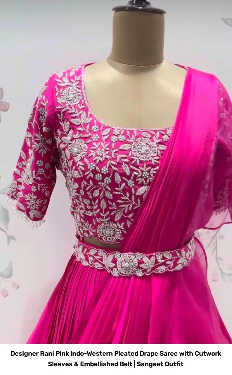 Designer Rani Pink Indo-Western Pleated Drape Saree with Cutwork Sleeves & Embellished Belt | Sangeet Outfit 3