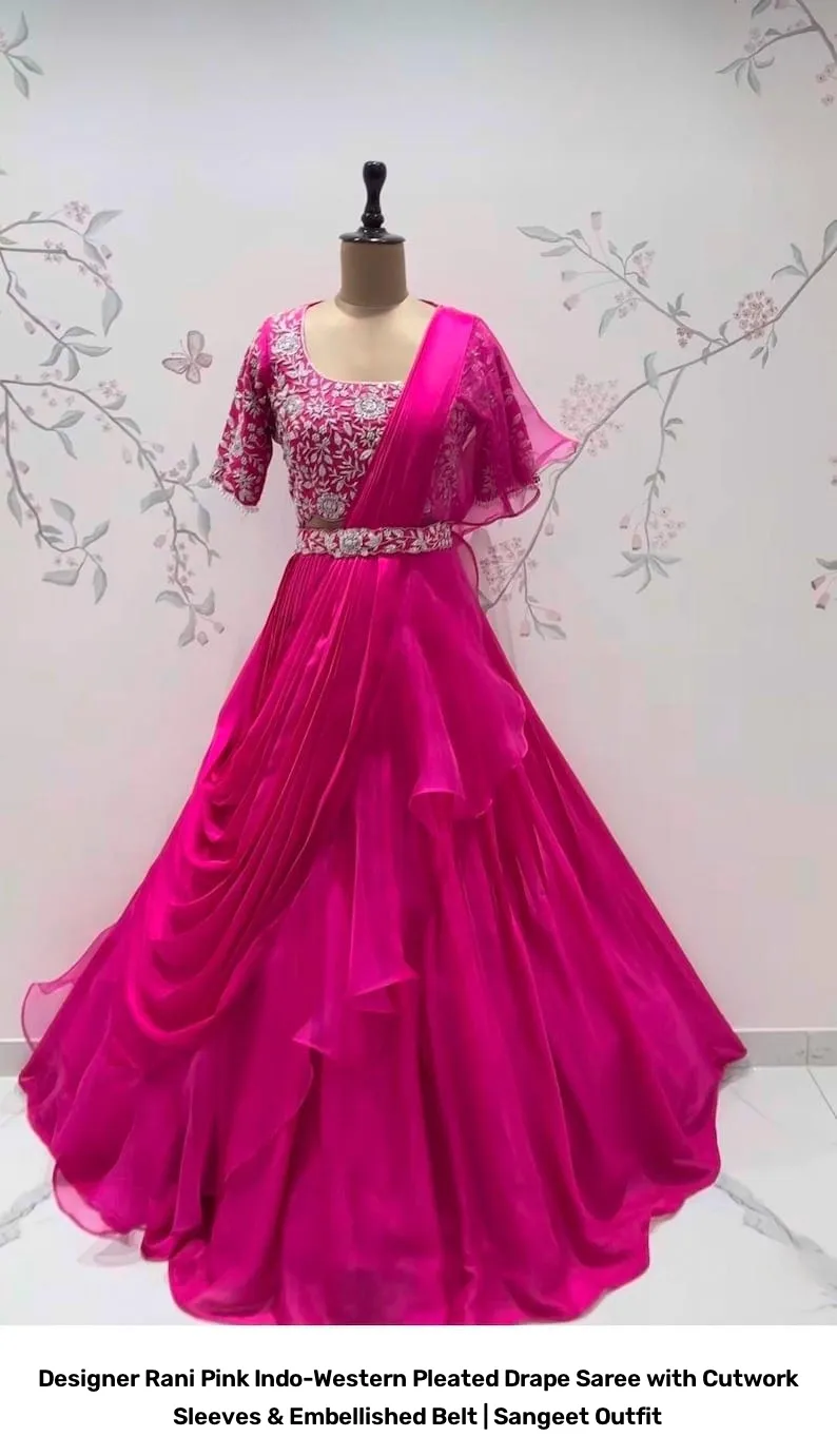 Designer Rani Pink Indo-Western Pleated Drape Saree with Cutwork Sleeves & Embellished Belt | Sangeet Outfit 4