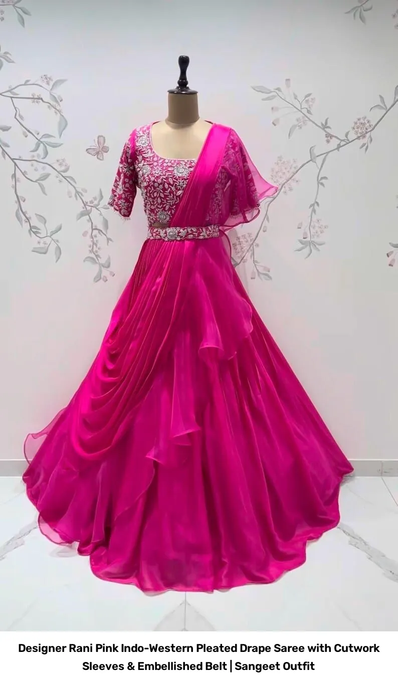 Designer Rani Pink Indo-Western Pleated Drape Saree with Cutwork Sleeves & Embellished Belt | Sangeet Outfit 5