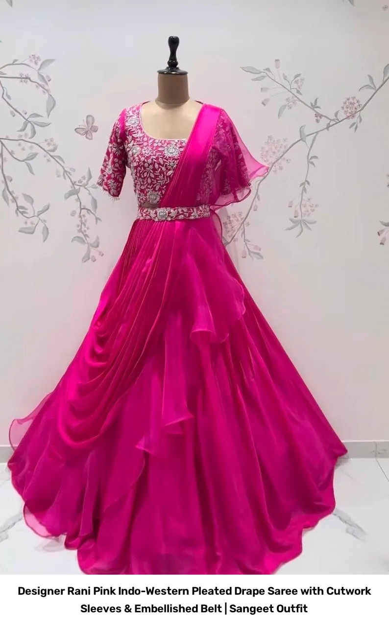Designer Rani Pink Indo-Western Pleated Drape Saree with Cutwork Sleeves & Embellished Belt | Sangeet Outfit 6