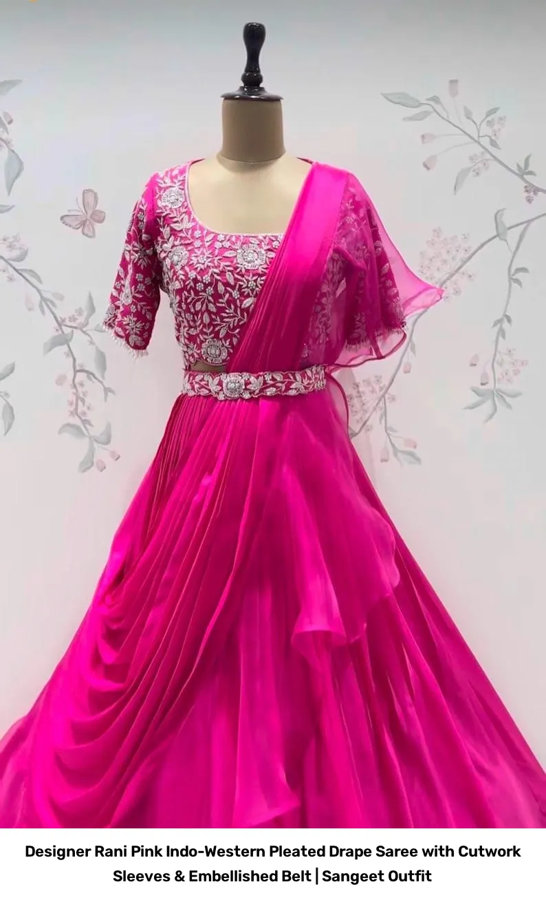Designer Rani Pink Indo-Western Pleated Drape Saree with Cutwork Sleeves & Embellished Belt | Sangeet Outfit 7