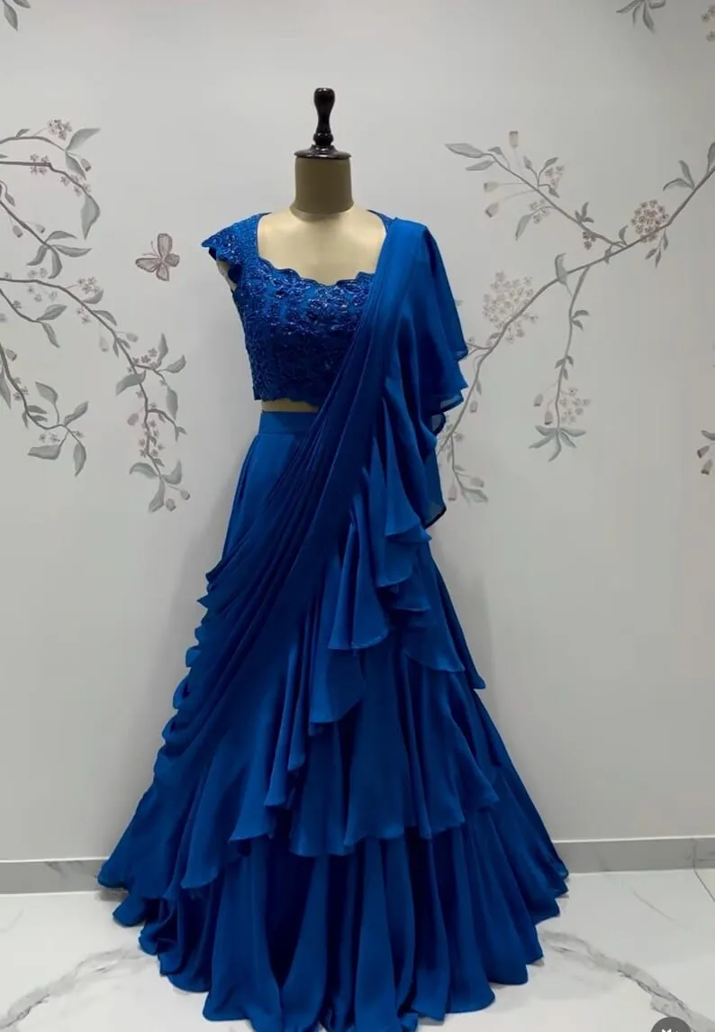 Designer Royal Blue 1-Minute Ready to Wear Saree with Cutwork Beaded Blouse | Bollywood Reception Ruffle Saree