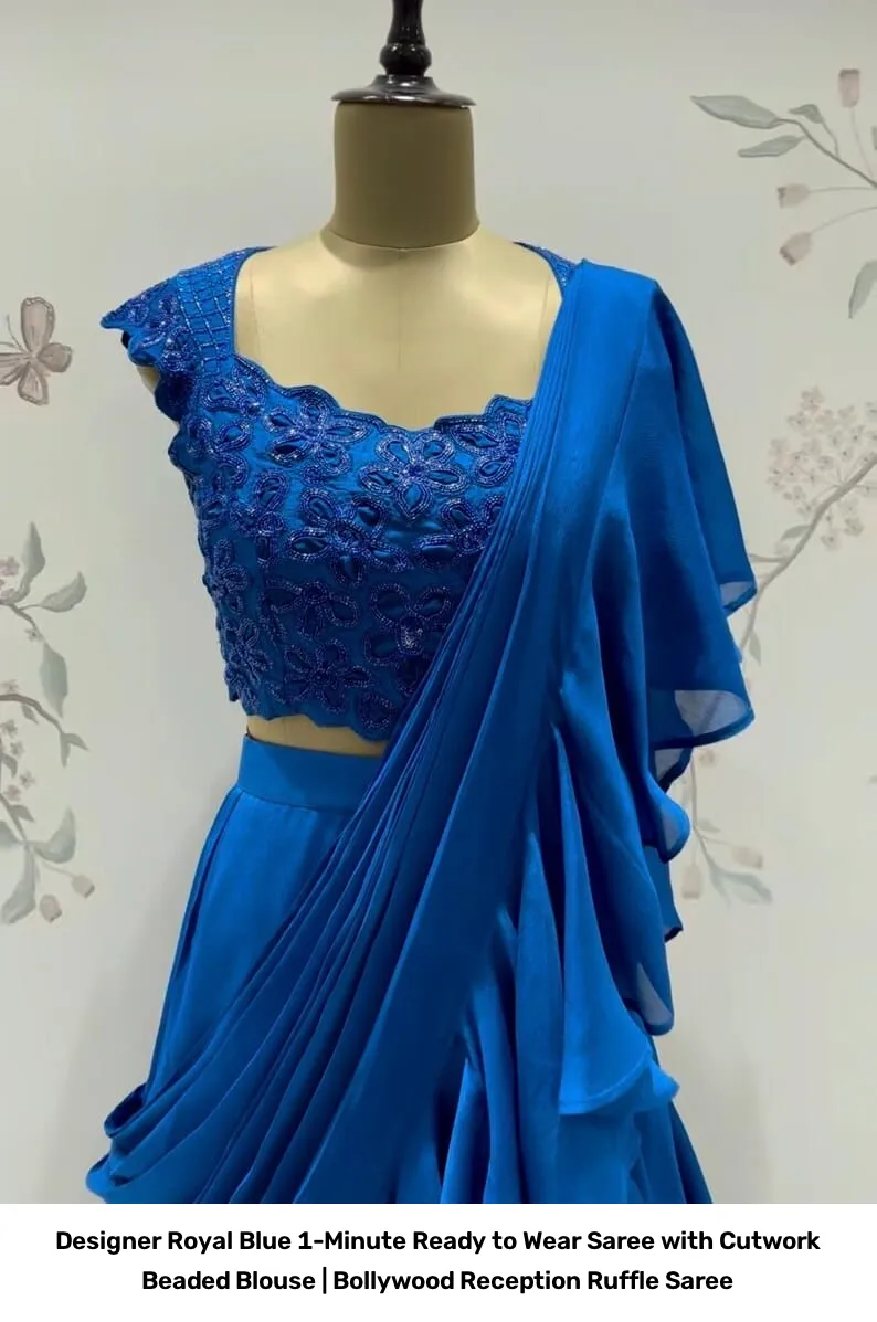 Designer Royal Blue 1-Minute Ready to Wear Saree with Cutwork Beaded Blouse | Bollywood Reception Ruffle Saree 4