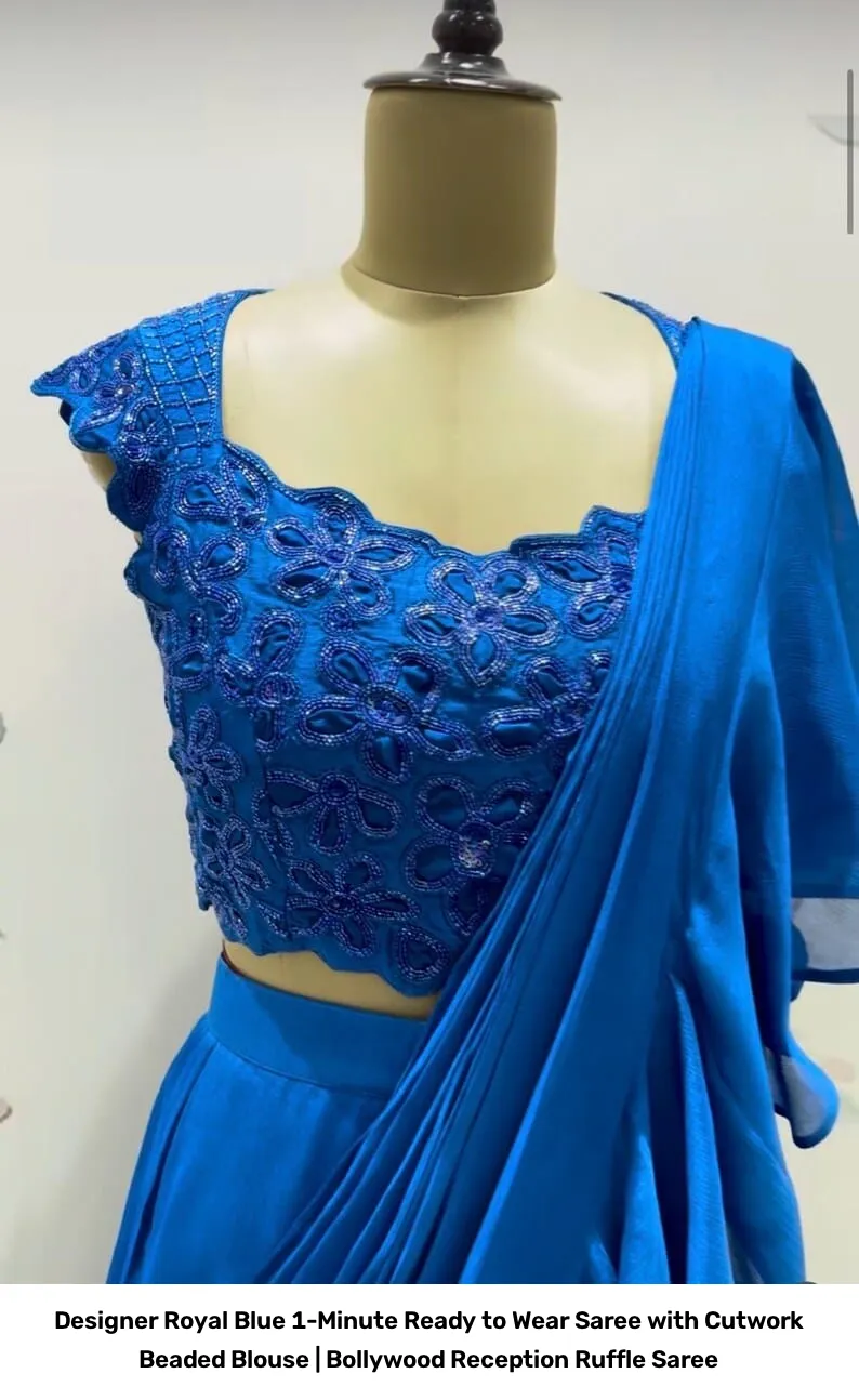 Designer Royal Blue 1-Minute Ready to Wear Saree with Cutwork Beaded Blouse | Bollywood Reception Ruffle Saree 7