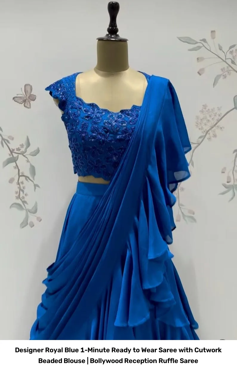 Designer Royal Blue 1-Minute Ready to Wear Saree with Cutwork Beaded Blouse | Bollywood Reception Ruffle Saree 8