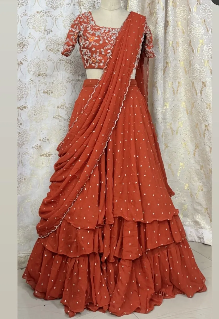Designer Rust Orange Layered Ruffle Saree with Heavy Hand-Embroidered Blouse