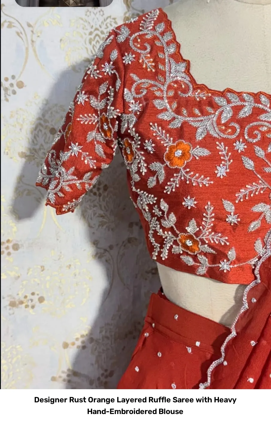 Designer Rust Orange Layered Ruffle Saree with Heavy Hand-Embroidered Blouse 2