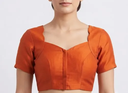 Designer Rust Orange Scalloped Silk Blouse