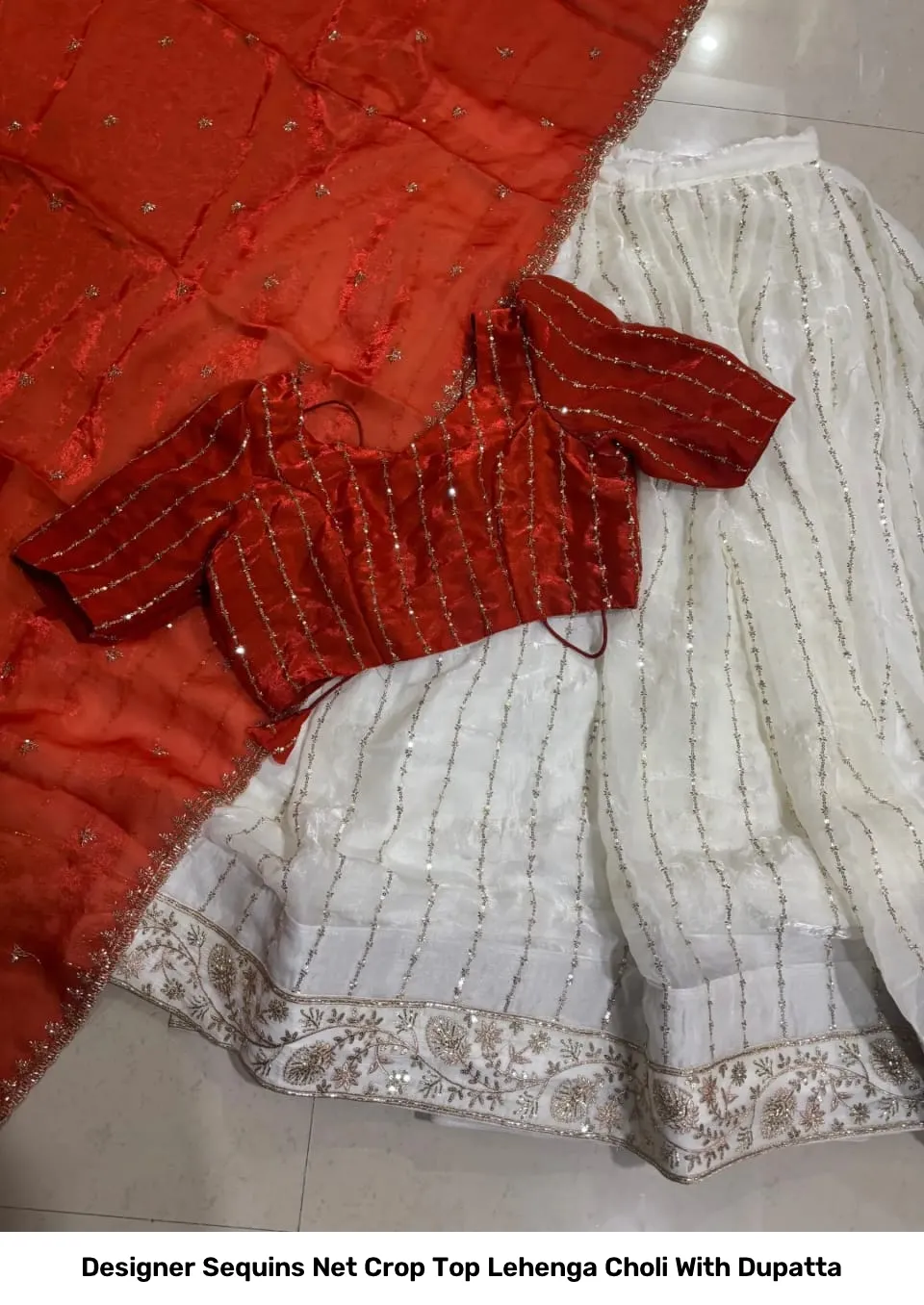 Designer Sequins Net Crop Top Lehenga Choli With Dupatta 13
