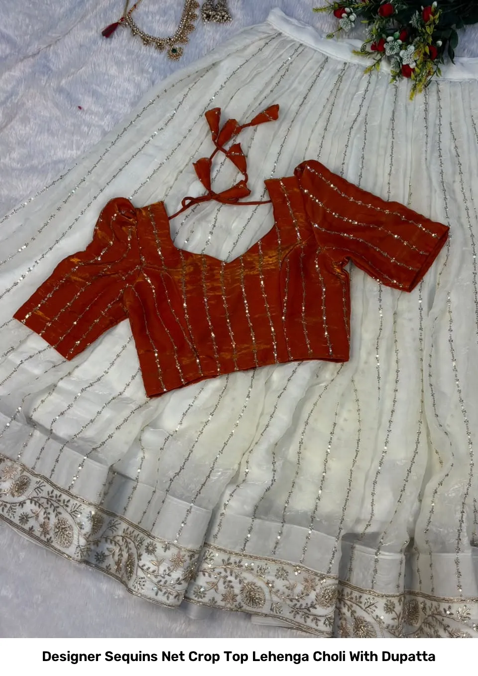 Designer Sequins Net Crop Top Lehenga Choli With Dupatta 14